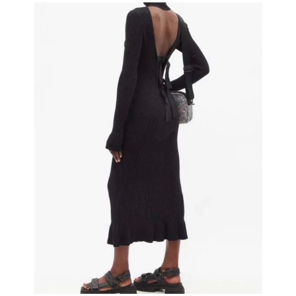 Ganni Open-Back Ruffled Rib-Knit Midi Dress dark navy sz medium NWT - Picture 4 of 16